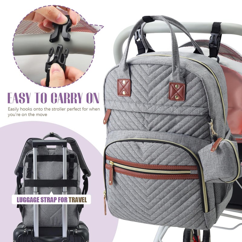 Tuwubi Diaper Bag Backpack, Baby Essentials Travel Tote Bag, Multi function Waterproof Backpacks, Travel Essentials with Stroller Straps & Pacifier Case - Grey - Image 5